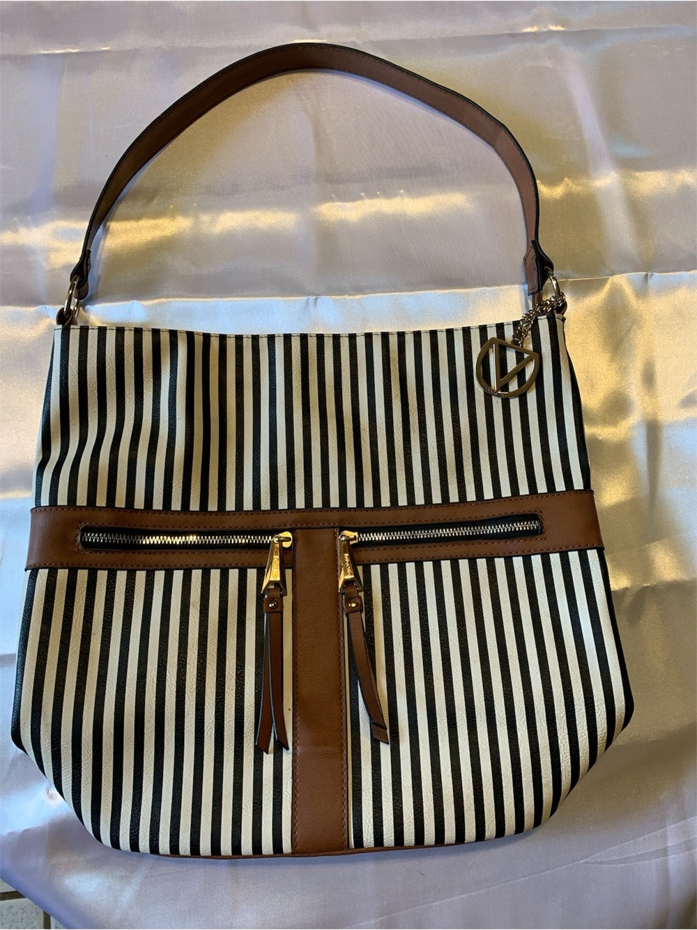 Dolce Vita Black-and-White Striped Shoulder Bag with Brown Trim
